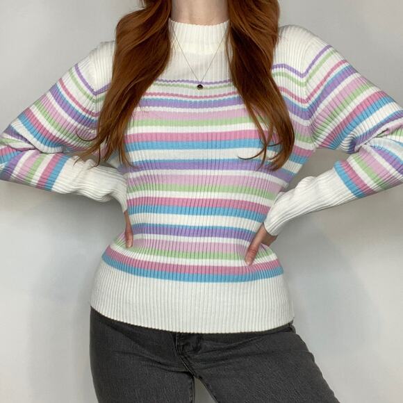Vintage Company Collection Medium Ivory & Lilac Pastel Stripe Mockneck Sweater - Picture 6 of 11